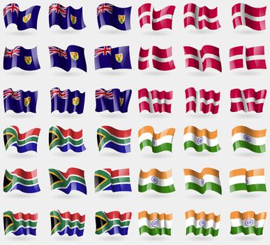 Turks and Caicos, Denmark, South Africa, India. Set of 36 flags of the countries of the world. illustration