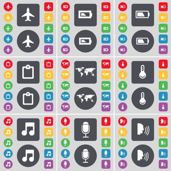 Airplane, Battery, Survey, Globe, Thermometer, Note, Microphone, Talk icon symbol. A large set of flat, colored buttons for your design. illustration