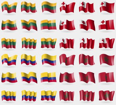Lithuania, Tonga, Colombia, Morocco. Set of 36 flags of the countries of the world. illustration