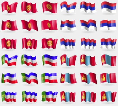 Kyrgyzstan, Republika Srpska, Khakassia, Mongolia. Set of 36 flags of the countries of the world. illustration