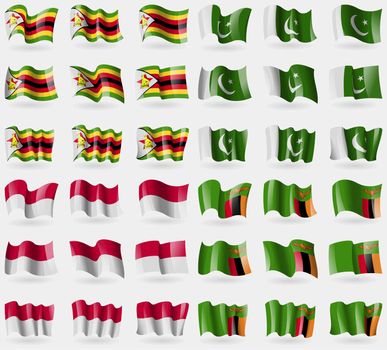 Zimbabwe, Pakistan, Indonesia, Zambia. Set of 36 flags of the countries of the world. illustration