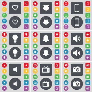Heart, Police badge, Smartphone, Light bulb, Notification, Sound, Retro TV, Camera icon symbol. A large set of flat, colored buttons for your design. illustration