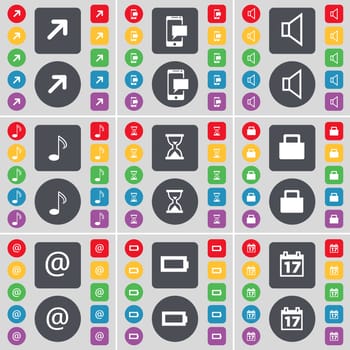 Full screen, SMS, Sound, Note, Hourglass, Lock, Mail, Battery, Calendar icon symbol. A large set of flat, colored buttons for your design. illustration