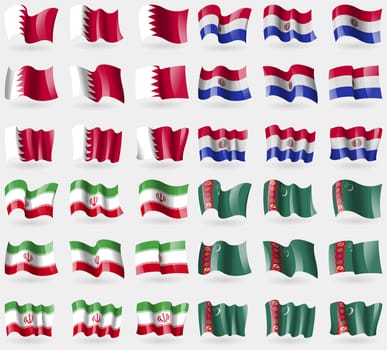 Bahrain, Paraguay, Iran, Turkmenistan. Set of 36 flags of the countries of the world. illustration