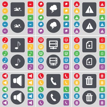 Swimmer, Lightning, Warning, Note, Server, Upload file, Sound, Receiver, Trash can icon symbol. A large set of flat, colored buttons for your design. illustration