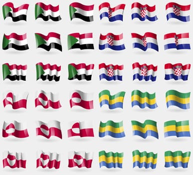 Sudan, Croatia, Greenland, Gabon. Set of 36 flags of the countries of the world. illustration
