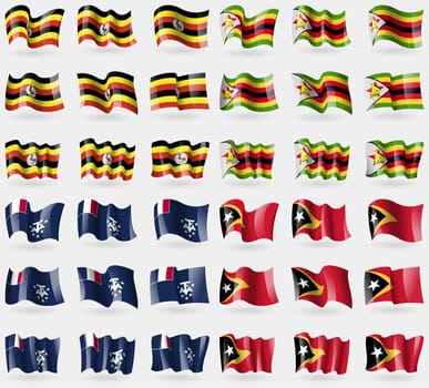 Uganda, Zimbabwe, French and Antarctic, East Timor. Set of 36 flags of the countries of the world. illustration