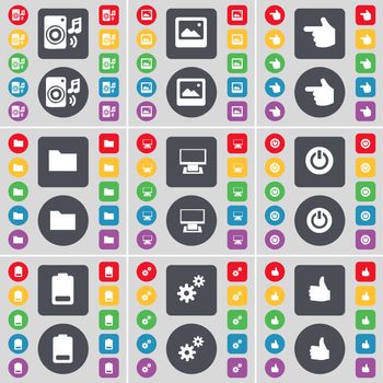 Speaker, Window, Hand, Folder, Monitor, Power, Battery, Gear, Like icon symbol. A large set of flat, colored buttons for your design. illustration