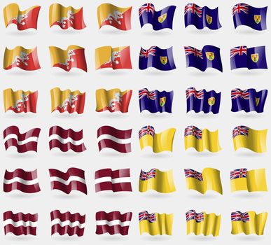 Bhutan, Turks and Caicos, Latvia, Niue. Set of 36 flags of the countries of the world. illustration