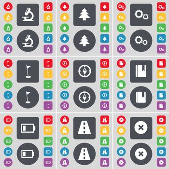 Microscope, Firtree, Gear, Golf hole, Compass, Dictionary, Battery, Road, Stop icon symbol. A large set of flat, colored buttons for your design. illustration
