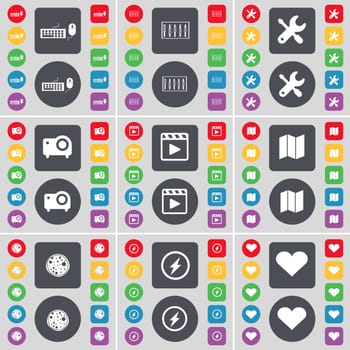 Keyboard, Equalizer, Wrench, Projector, Media player, Map, Pizza, Flash, Heart icon symbol. A large set of flat, colored buttons for your design. illustration