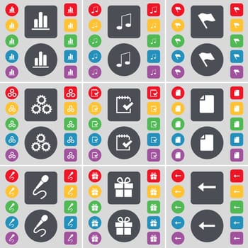Diagram, Note, Flag, Gear, Survey, File, Microphone, Gift, Arrow left icon symbol. A large set of flat, colored buttons for your design. illustration