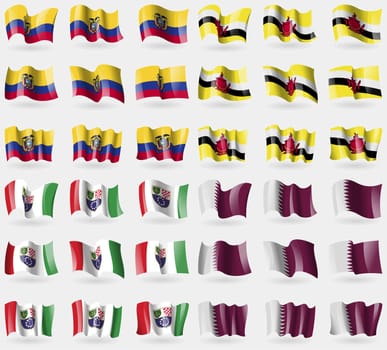 Ecuador, Brunei, Bosnia and Herzegovina Federation, Qatar. Set of 36 flags of the countries of the world. illustration