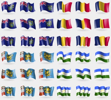 Pitcairn Islands, Chad, Saint Pierre and Miquelon, Bashkortostan. Set of 36 flags of the countries of the world. illustration