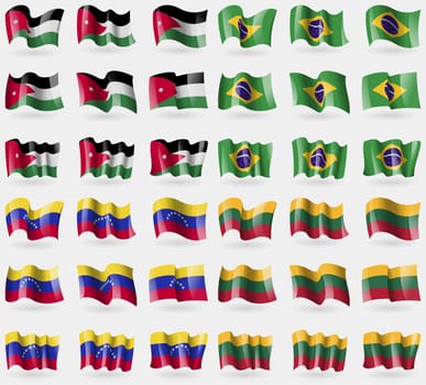 Jordan, Brazil, Venezuela, Lithuania. Set of 36 flags of the countries of the world. illustration