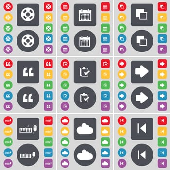 Videotape, Calendar, Copy, Quotation mark, Survey, Arrow right, Keyboard, Cloud, Media skip icon symbol. A large set of flat, colored buttons for your design. illustration