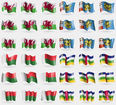 Wales, Saint Pierre and Miquelon, Madagascar, Central African Republic. Set of 36 flags of the countries of the world. illustration