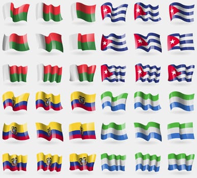 Madagascar, Cuba, Ecuador, Sierra Leone. Set of 36 flags of the countries of the world. illustration