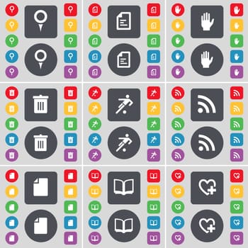 Checkpoint, Text file, Hand, Trash can, Football, RSS, File, Book, Heart icon symbol. A large set of flat, colored buttons for your design. illustration