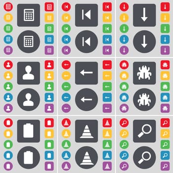 Calculator, Media skip, Arrow down, Avatar, Arrow left, Bug, Battery, Cone, Magnifying glass icon symbol. A large set of flat, colored buttons for your design. illustration
