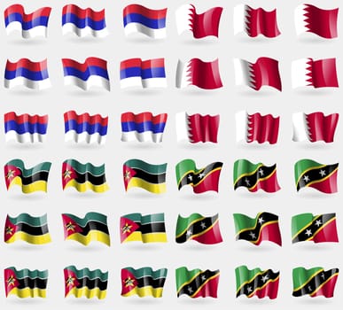 Republika Srpska, Bahrain, Mozambique, Saint Kitts and Nevis. Set of 36 flags of the countries of the world. illustration