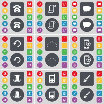 Retro phone, Scroll, Chat cloud, Reload, Stars, Smartphone, Silk hat, Mobile phone, Brush icon symbol. A large set of flat, colored buttons for your design. illustration