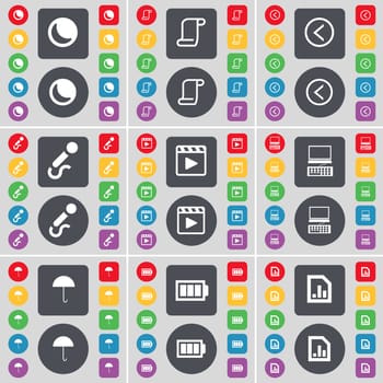Moon, Scroll, Arrow left, Microphone, Media player, Laptop, Umbrella, Battery, Diagram file icon symbol. A large set of flat, colored buttons for your design. illustration