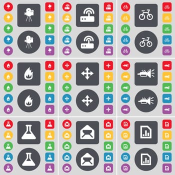 Film camera, Router, Bicycle, Fire, Moving, Trumped, Flask, Message, Diagram file icon symbol. A large set of flat, colored buttons for your design. illustration