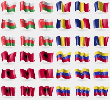 Oman, Romania, Albania, Venezuela. Set of 36 flags of the countries of the world. illustration