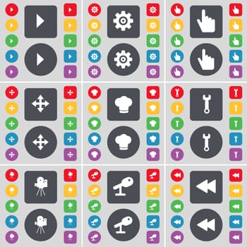 Media play, Gear, Hand, Moving, Cooking hat, Wrench, Film camera, Microphone, Rewind icon symbol. A large set of flat, colored buttons for your design. illustration