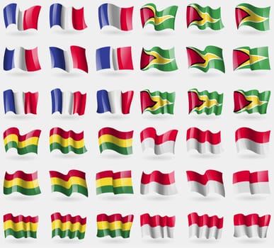 France, Hayana, Bolivia, Monaco. Set of 36 flags of the countries of the world. illustration