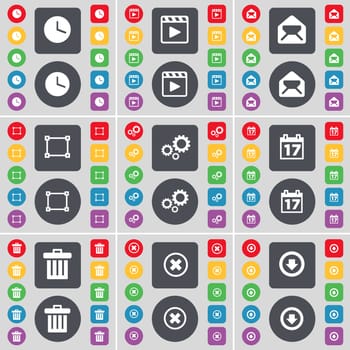 Clock, Media player, Message, Frame, Gear, Calendar, Trash can, Stop, Arrow down icon symbol. A large set of flat, colored buttons for your design. illustration