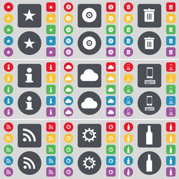 Star, Disk, Trash can, Information, Cloud, Smartphone, RSS, Gear, Bottle icon symbol. A large set of flat, colored buttons for your design. illustration