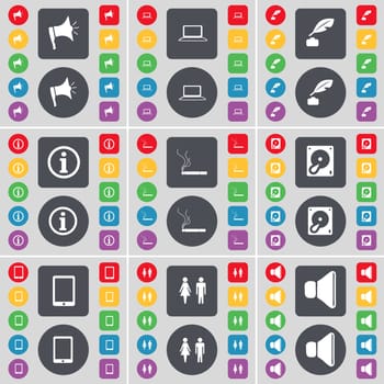 Megaphone, Laptop, Ink pot, Information, Cigarette, Hard drive, Tablet PC, Silhouette, Sound icon symbol. A large set of flat, colored buttons for your design. illustration