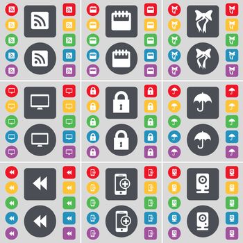 RSS, Calendar, Bow, Monitor, Lock, Umbrella, Rewind, Smartphone, Spaker icon symbol. A large set of flat, colored buttons for your design. illustration