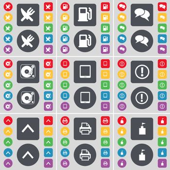 Fork and knife, Gas station, Chat, Gramophone, Tablet PC, Warning, Arrow up, Printer, Flag tower icon symbol. A large set of flat, colored buttons for your design. illustration