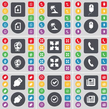 Download file, Palm, Mouse, Globe, Full screen, Receiver, USB, Tick, Newspaper icon symbol. A large set of flat, colored buttons for your design. illustration