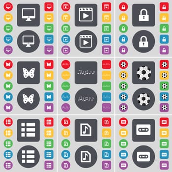 Monitor, Media player, Lock, Buttery, Note, Ball, List, Music file, Cassette icon symbol. A large set of flat, colored buttons for your design. illustration