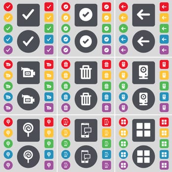 Tick, Arrow left, Film camera, Trash can, Speaker, Lollipop, SMS, Apps icon symbol. A large set of flat, colored buttons for your design. illustration