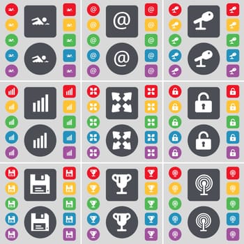 Swimmer, Mail, Microphone, Diagram, Full screen, Lock, Floppy, Cup, Wi-Fi icon symbol. A large set of flat, colored buttons for your design. illustration