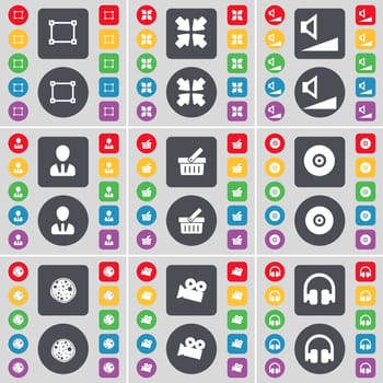 Frame, Deploying screen, Volume, Avatar, Basket, Disk, Pizza, Film camera, Headphones icon symbol. A large set of flat, colored buttons for your design. illustration