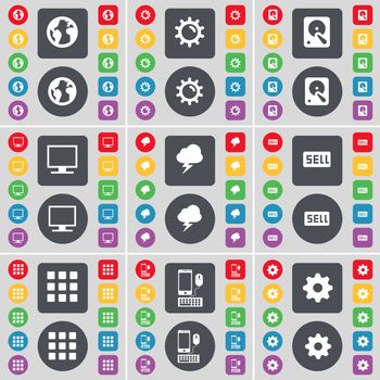 Earth, Gear, Hard drive, Monitor, Lightning, Sell, Apps, Smartphone, Gear icon symbol. A large set of flat, colored buttons for your design. illustration