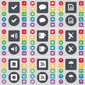 Tick, Chat bubble, Diagram file, Sound, Cup, Satellite dish, Socket, RSS, Umbrella icon symbol. A large set of flat, colored buttons for your design. illustration