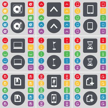 Gramophone, Arrow up, Tablet PC, Laptop, Golf hole, Hourglass, File, Smartphone, File icon symbol. A large set of flat, colored buttons for your design. illustration