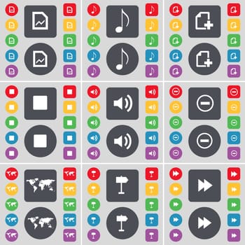 Graph file, Note, File, Media stop, Minus, Globe, Signpost, Rewind icon symbol. A large set of flat, colored buttons for your design. illustration