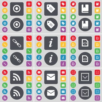 Arrow right, Tag, Dictionary, Link, Information, File, RSS, Message, Arrow down icon symbol. A large set of flat, colored buttons for your design. illustration