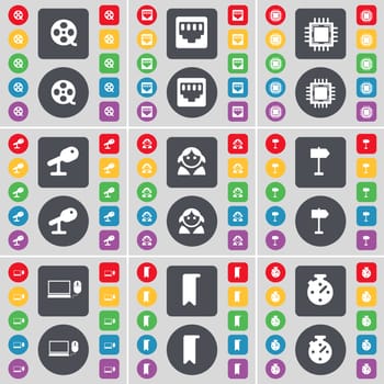 Videotape, LAN socket, Processor, Microphone, Avatar, Signpost, Laptop, Marker, Stopwatch icon symbol. A large set of flat, colored buttons for your design. illustration