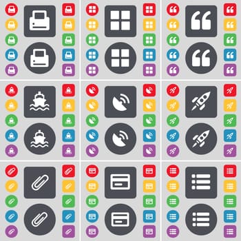 Printer, Apps, Quotation mark, Ship, Satellite dish, Rocket, Clip, Credit card, List icon symbol. A large set of flat, colored buttons for your design. illustration