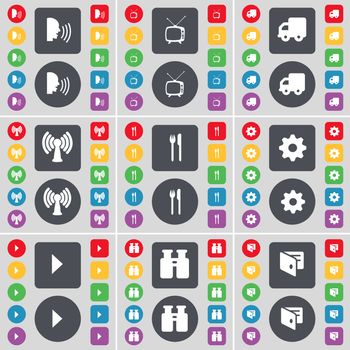 Talk, Retro TV, Truck, Wi-Fi, Fork and knife, Gear, Media play, Binoculars, Wallet icon symbol. A large set of flat, colored buttons for your design. illustration
