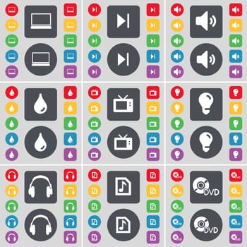 Laptop, Media skip, Sound, Drop, Retro TV, Light Bulb, Headphone, Music file, DVD icon symbol. A large set of flat, colored buttons for your design. illustration